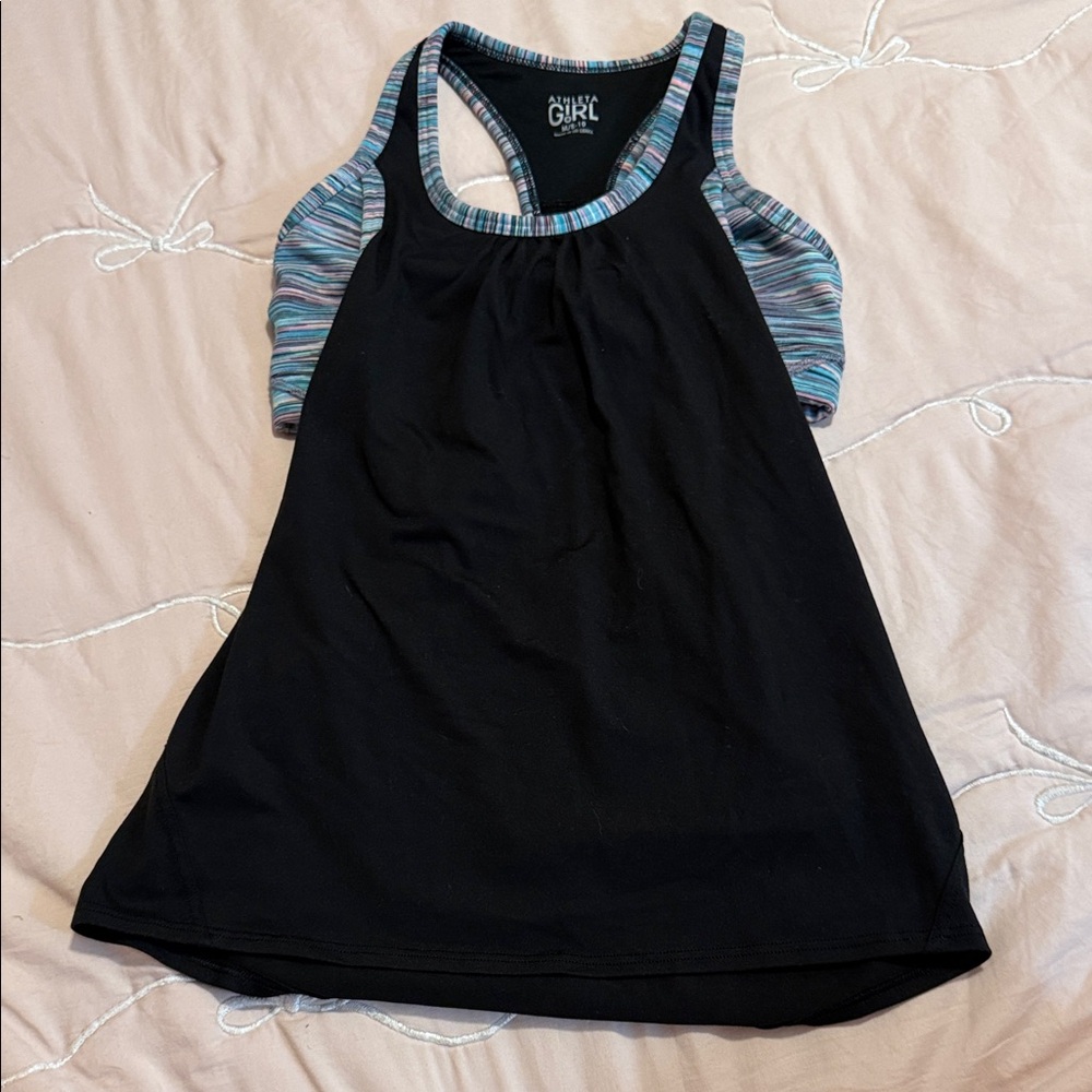 Athleta Girls Black Tank with Blue Multicolor Strappy Back